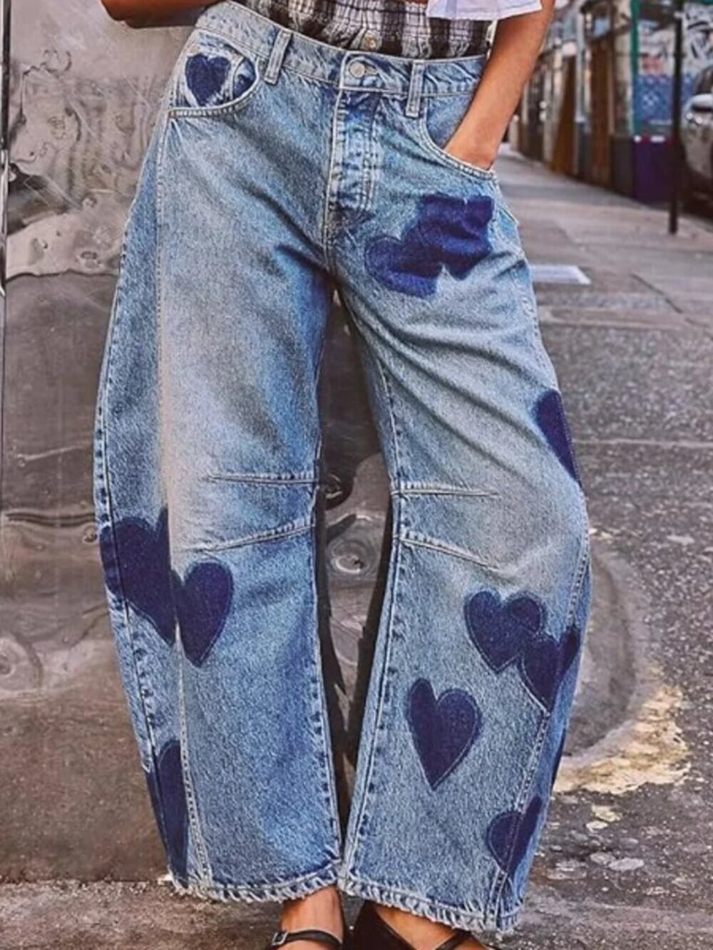 Heart Contrast Wide Leg Boyfriend Barrel Jeans Pants